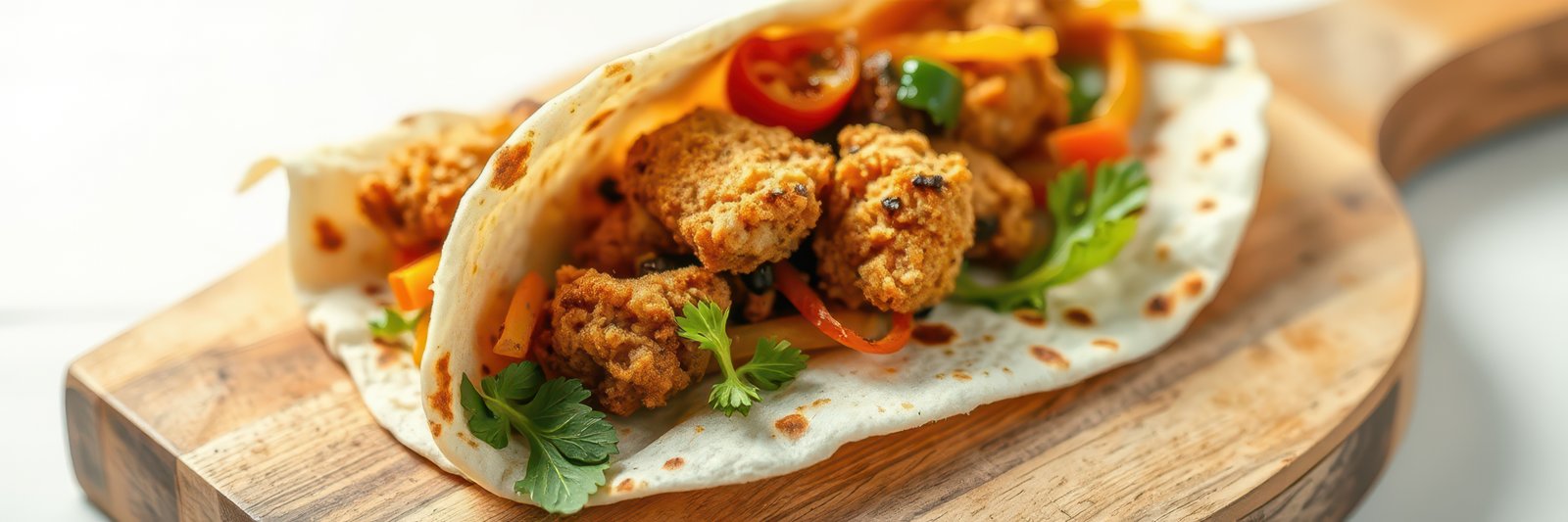 Savory chicken taco filled with fresh vegetables served on a wooden plate at a casual dining setting
